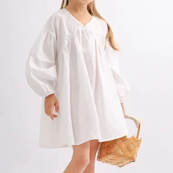 Girls White Cotton Linen Dress Spring New Baby Girl V-Neck Casual Loose Linen Long-Sleeved A-Line Dress Doll Princess Dresses