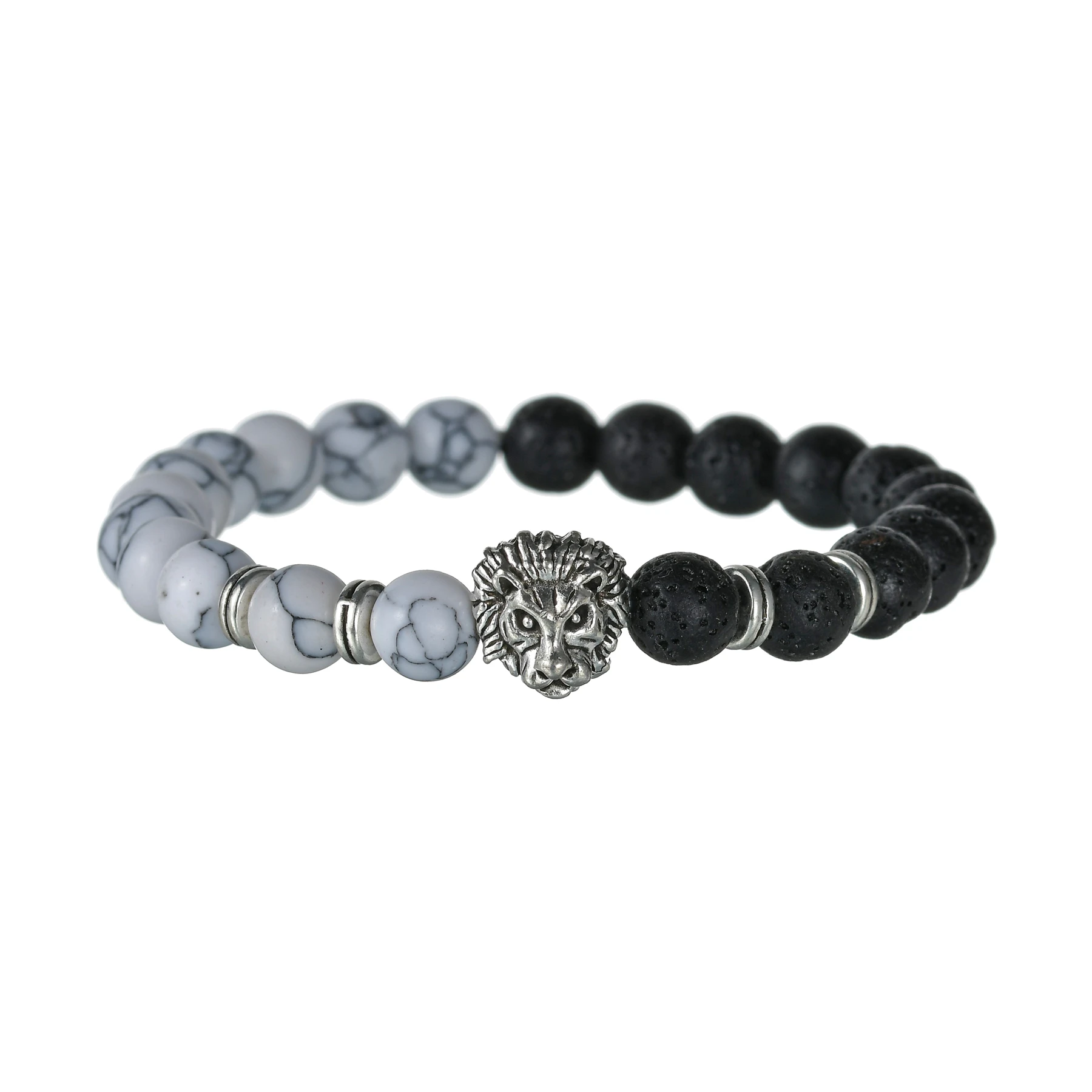 Punk 8mm Natural Stone Men\'s Lion Head Beaded Strand Bracelet Goth Lava Bangles Wristband Women Jewelry Boyfriend Gift
