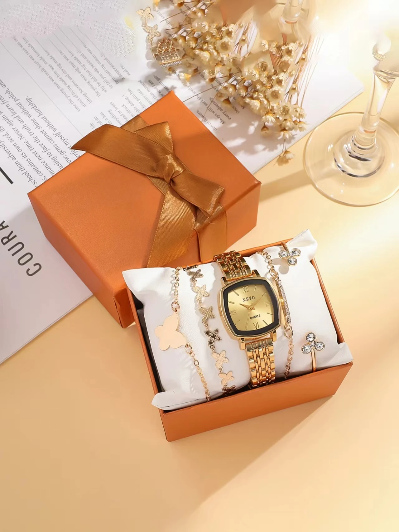 

Модные легкие роскошные римские цифры со стальным ремешком, женские кварцевые часы, набор браслетов из 5 штук, подходят для Дня Благодарения и Рождества