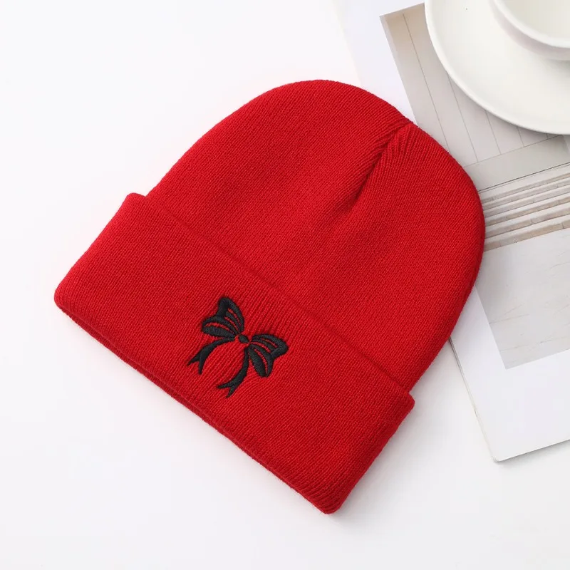 Bow Embroidered Knitted Hat Flanged Wool Cold Hat Autumn Winter Versatile Warm Cover Knitted Hat for Women Girls Outdoor
