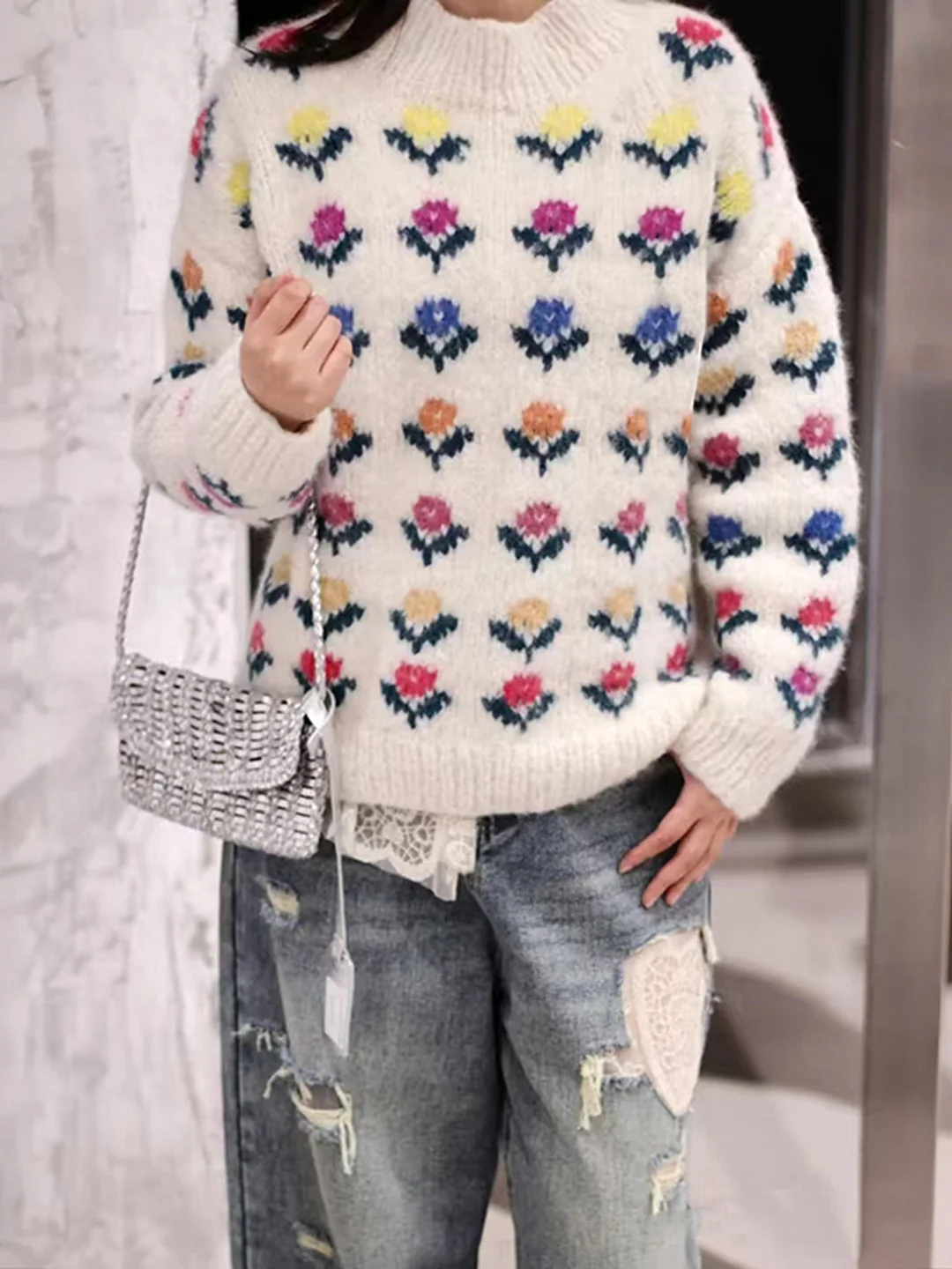 

round Ne Pullover Knitted Sweater Women's Loose Fit Comfortable Soft Double Knit Printed Casual Long Sve Top