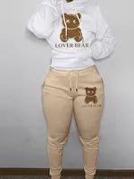 Conjunto de suéter con capucha y pantalones de lana con estampado de oso de dibujos animados para mujer, holgado y a la moda, talla grande, otoño e invierno