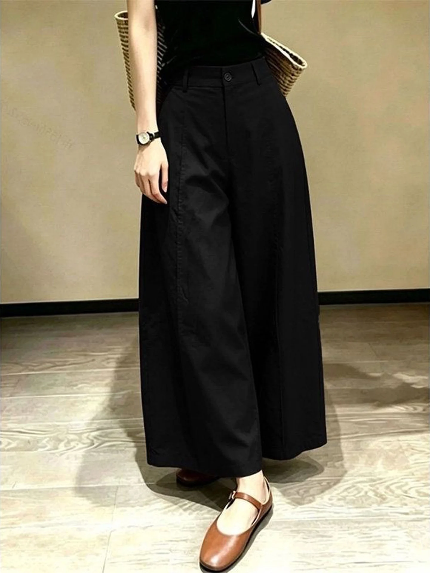 Retro Versatile Black Casual Pants Women's High Waist Wide Leg Straight Cut Slimming Effect Autumn New Style Lazy Feel