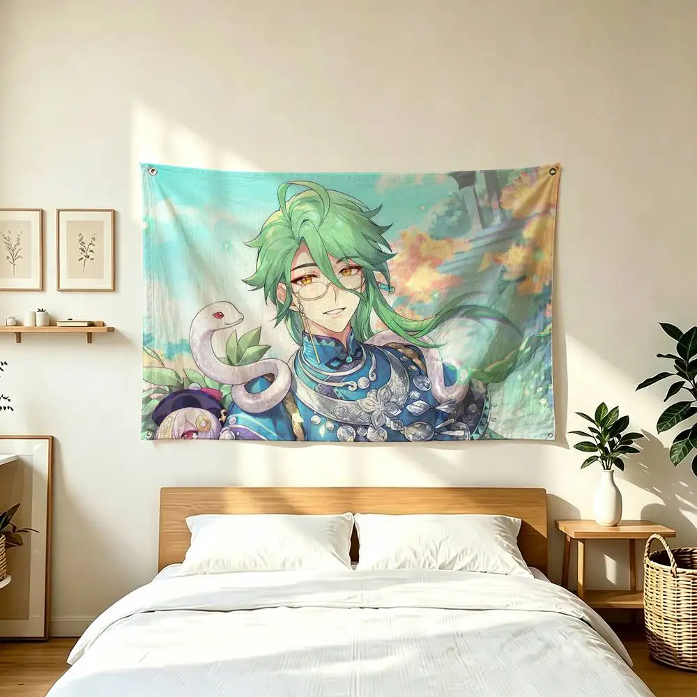 G-Genshin Impact Baizhu Game   Flags Wall Hanging Tapestry Outdoor Garage Room Decorative flag Background Blanket