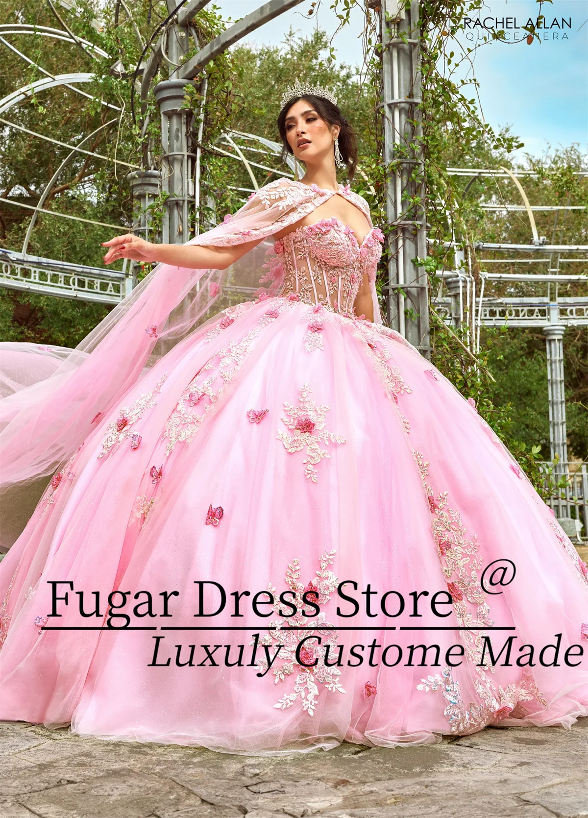 

Pink Plus Size Quinceañera Dresses Glitter Tulle Strapless Cape Dress Beading 3D Flowers Sweet 16 vestidos de 15 quinceañera