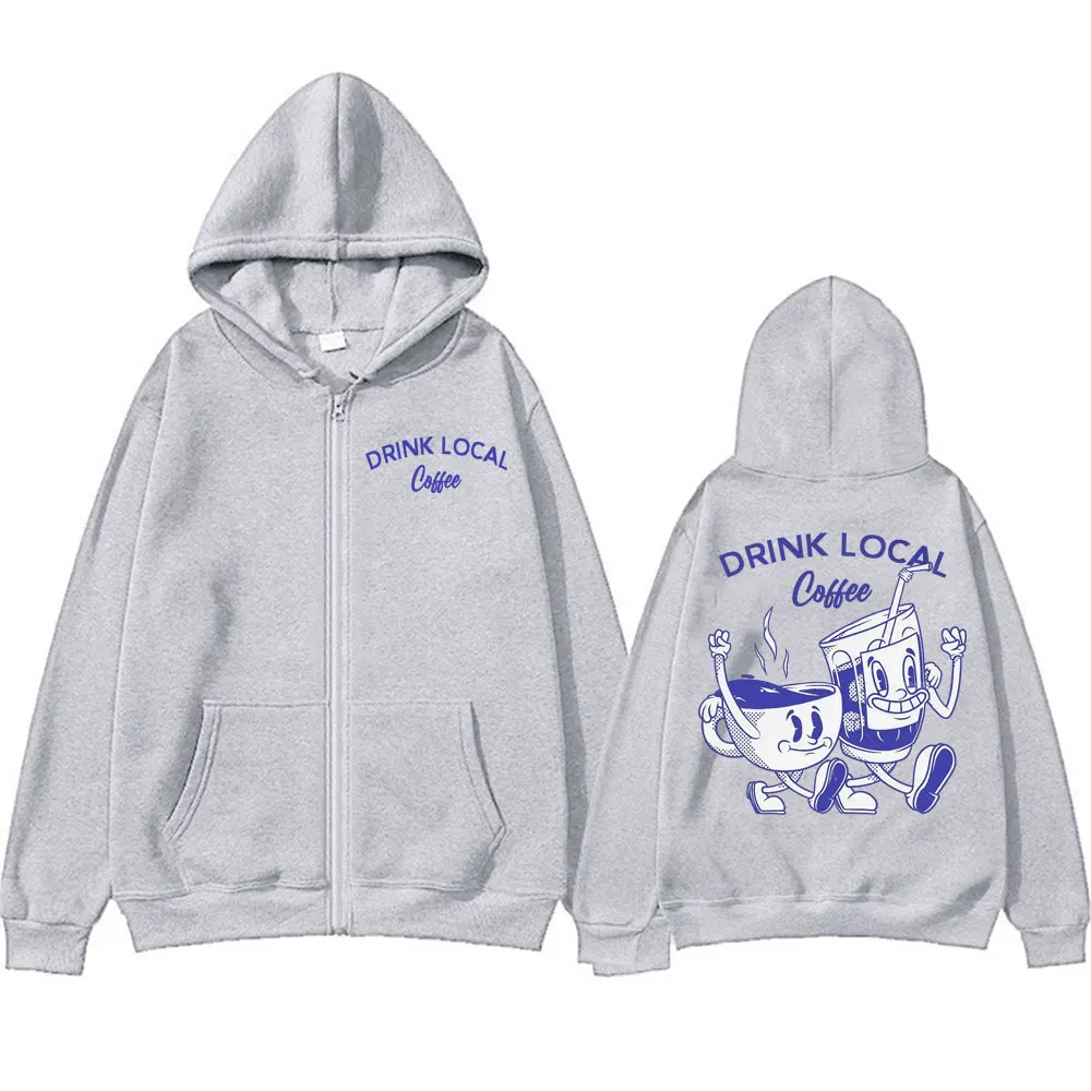 شرب القهوة المحلية مضحك ميمي الجرافيك سستة هوديس الرجال النساء خمر طويلة الأكمام زمم بلوزات الراحة فضفاضة مقنعين معاطف #5