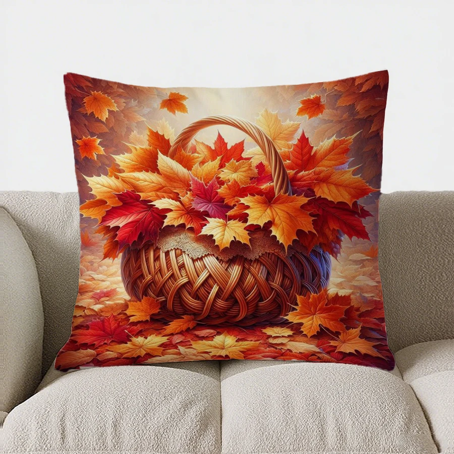 Home Decor Autumn Basket with Maple Leaves Pillow Cover Pattern Cushion Cover Suitable for Sofa Bedroom Car Pillow Cover