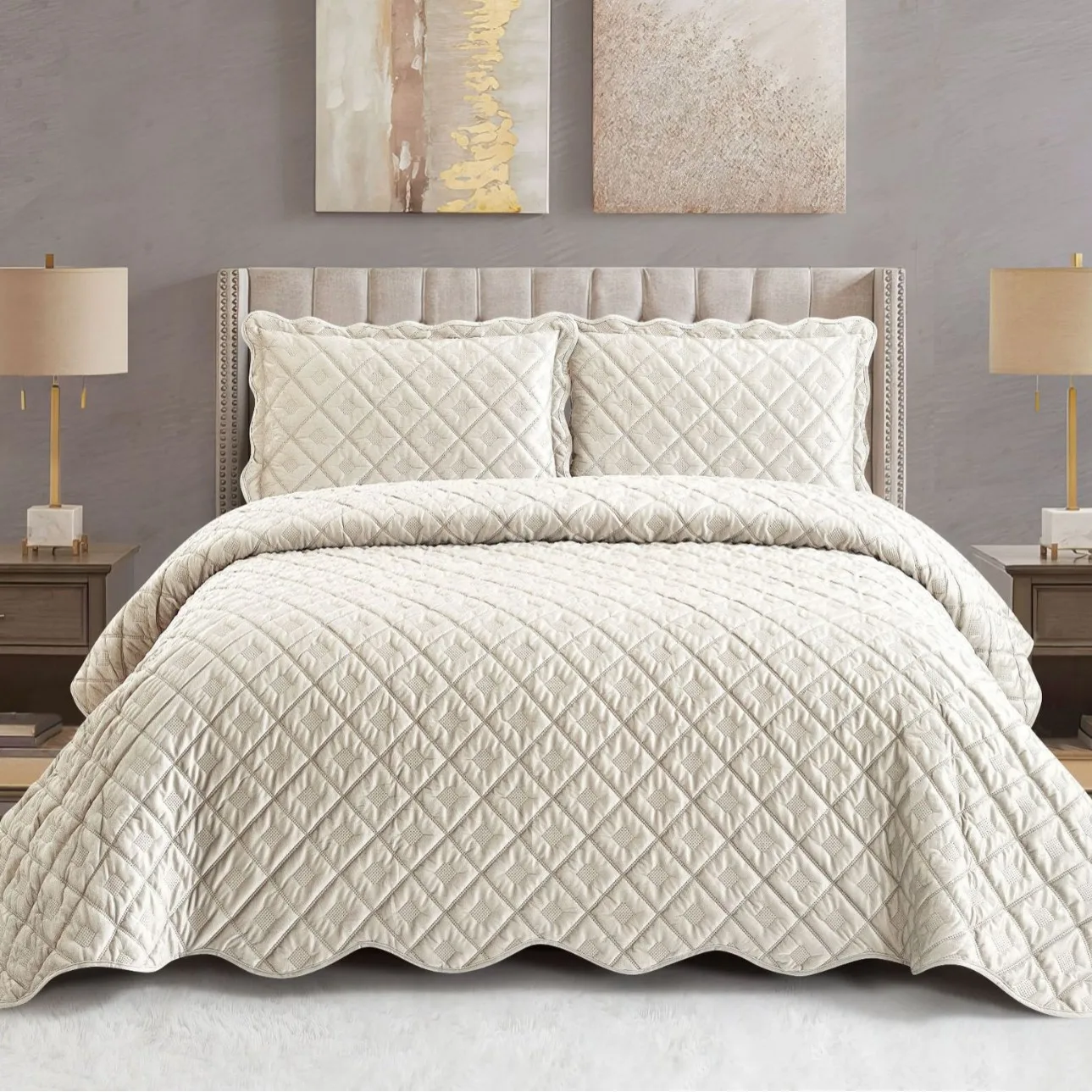 3D Ultrasonic Velvet Quilt Set, Elegant Solid Color Winter Bed Comforter with Cotton Padding, Premium Bedspread, 3-Piece Set