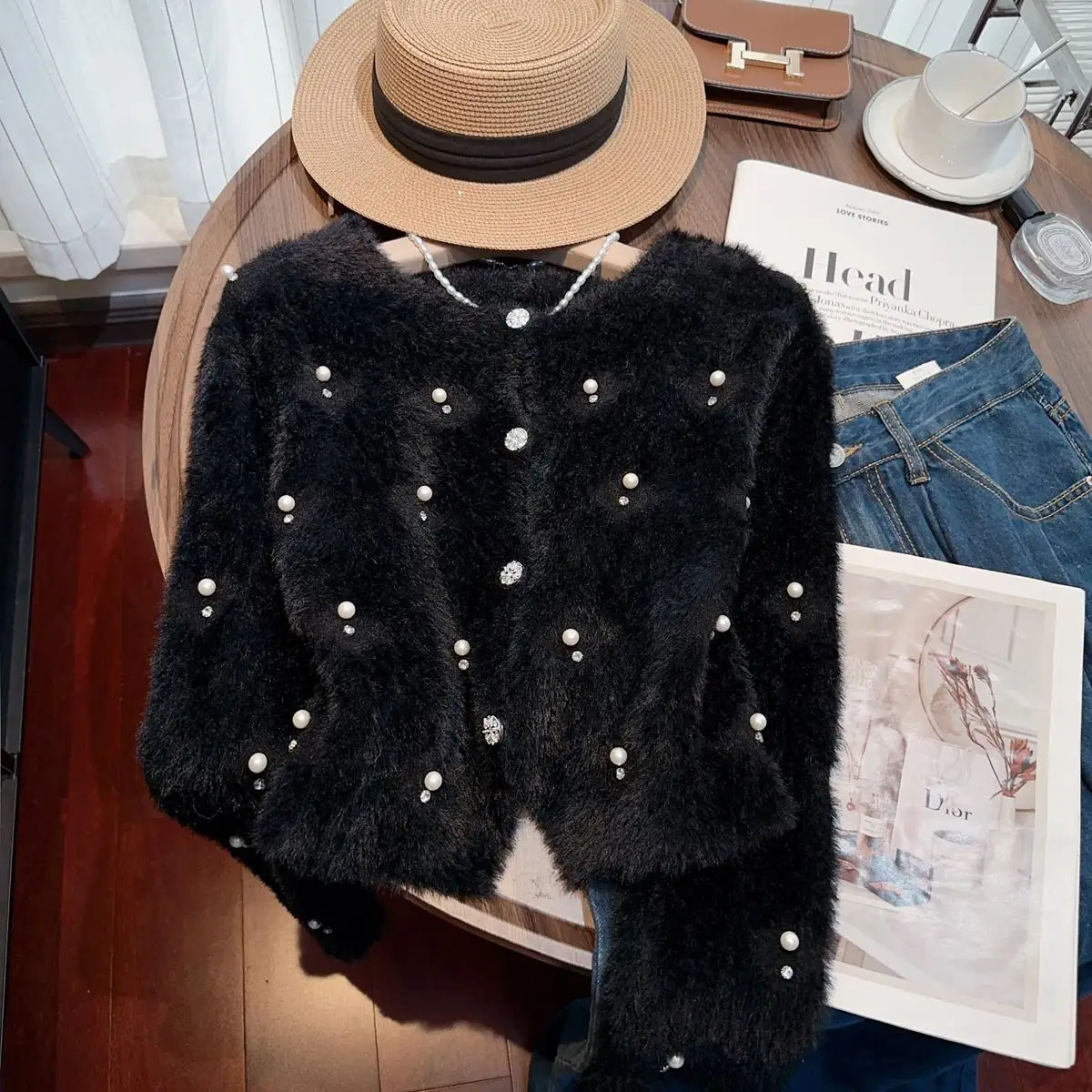 Pink Peals Diamonds Beading Mink Cashmere Sweater Jackets Women\'s Autumn Winter Sweet Long Sleeve Knitted Cropped Cardigan Coat