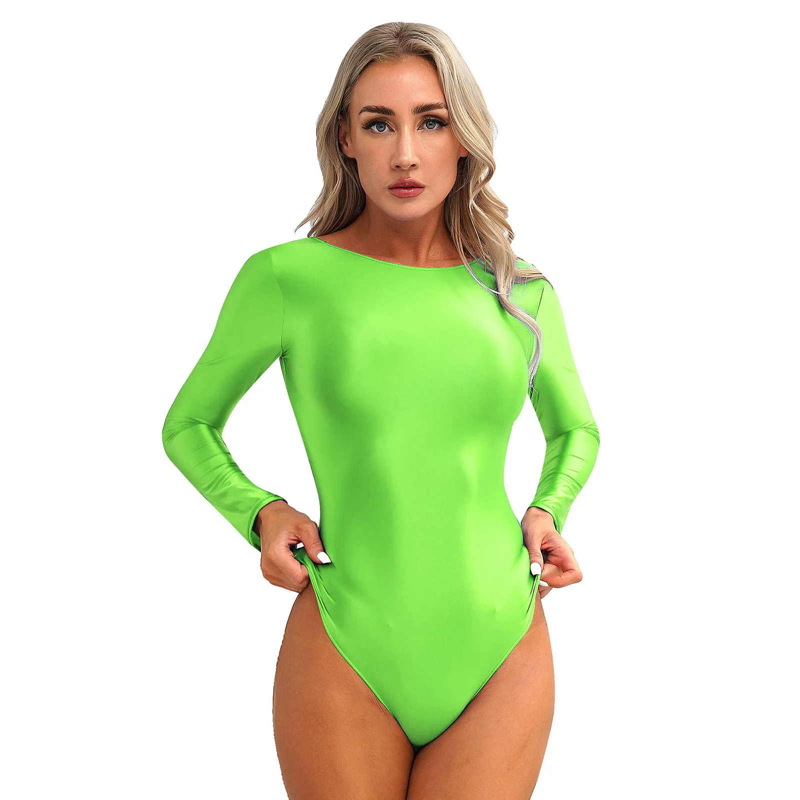 Womens Leotard Swimsuit One Piece Swimwear Glossy Smooth One-piece Swimming Suit Long Sleeve Round Neck U Back Tights Bodysuit