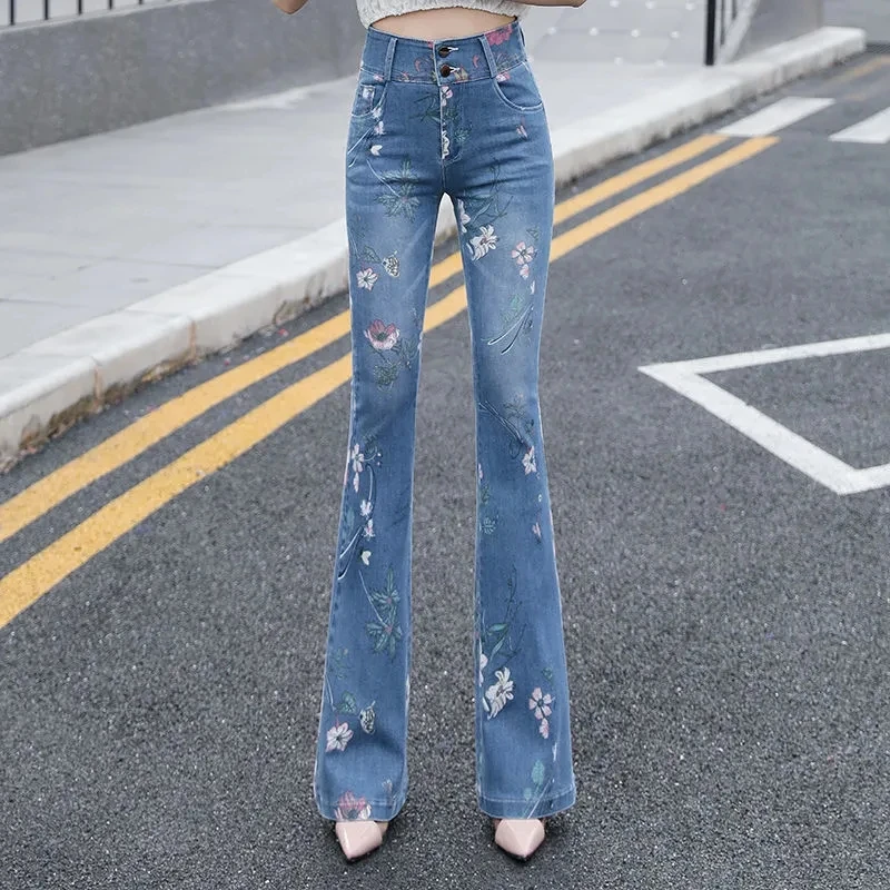 2022 nuove donne primavera estate sciolto Casual a vita alta ricamo Jeans Femme cotone Stretch Denim Flare pantaloni Jeans alla caviglia