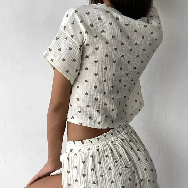 Thin Love Printed Crepe Yarn Pure Cotton Pajamas Women\'s Short-sleeved Slit Shorts