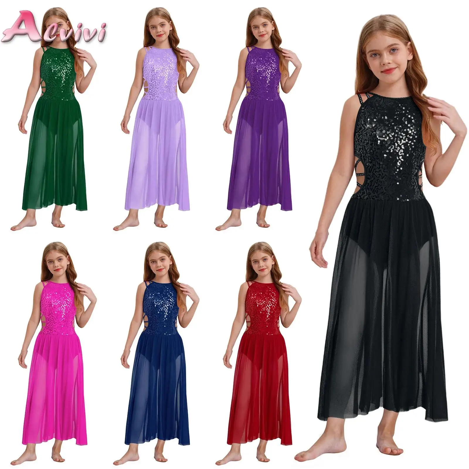 

Sleeveless Modern Lyrical Dance Maxi Dress Girls Kids Ballet Tutu Gymnastics Skirted Leotard Figure Skating Performance Costume