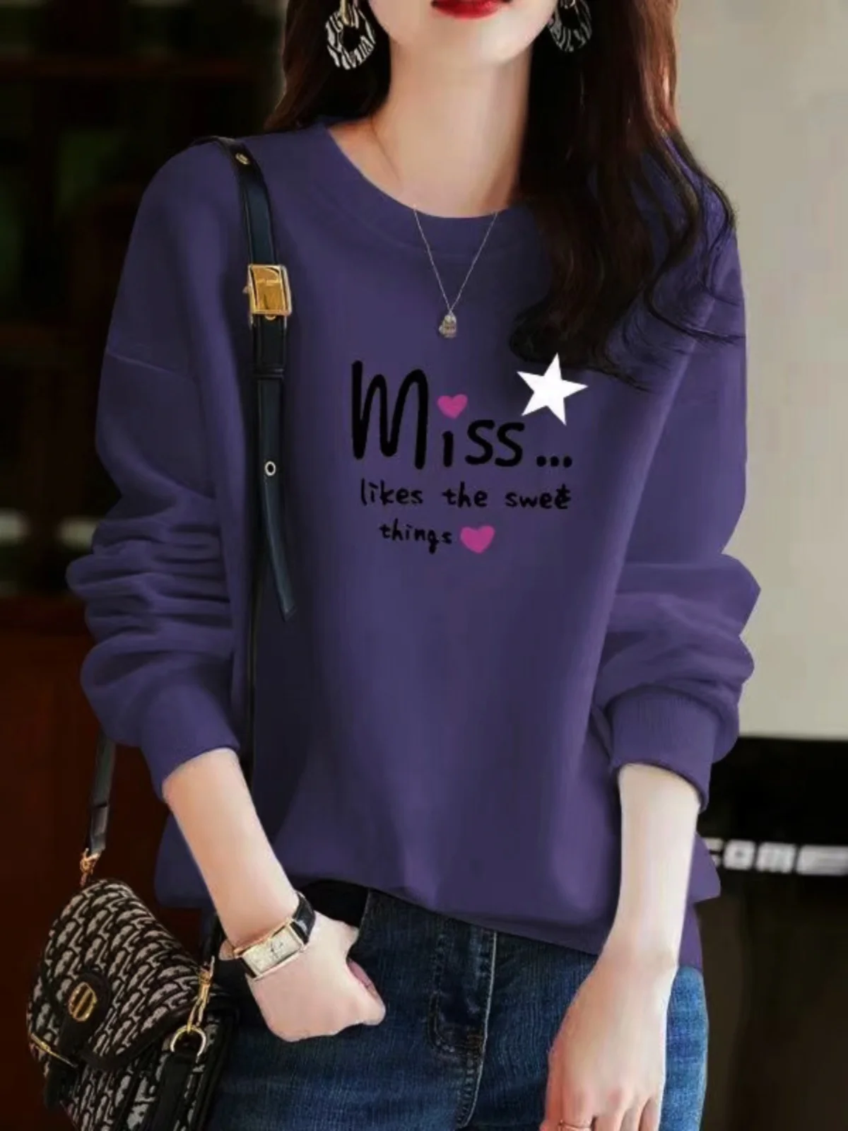 Autumn New Sle Long Sve Pure Cotton Printed Sweatirt Casual Slimming Base Layer irt Comfortable round Ne Commute S...