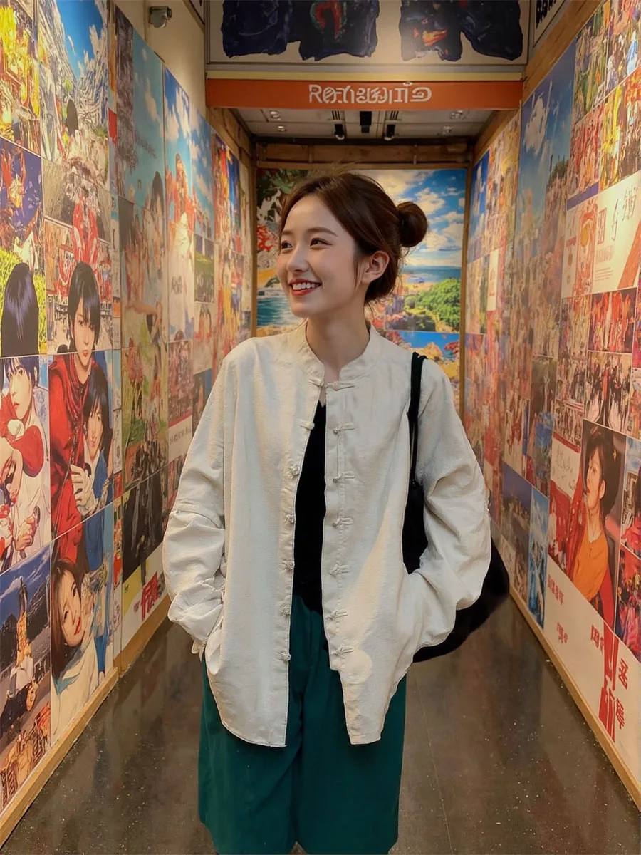 قمصان نسائية بأكمام طويلة وياقة شرقية بلوزة قطنية كلاسيكية سترة مضيئة خفيفة أنثوية فنية تناسب الجميع