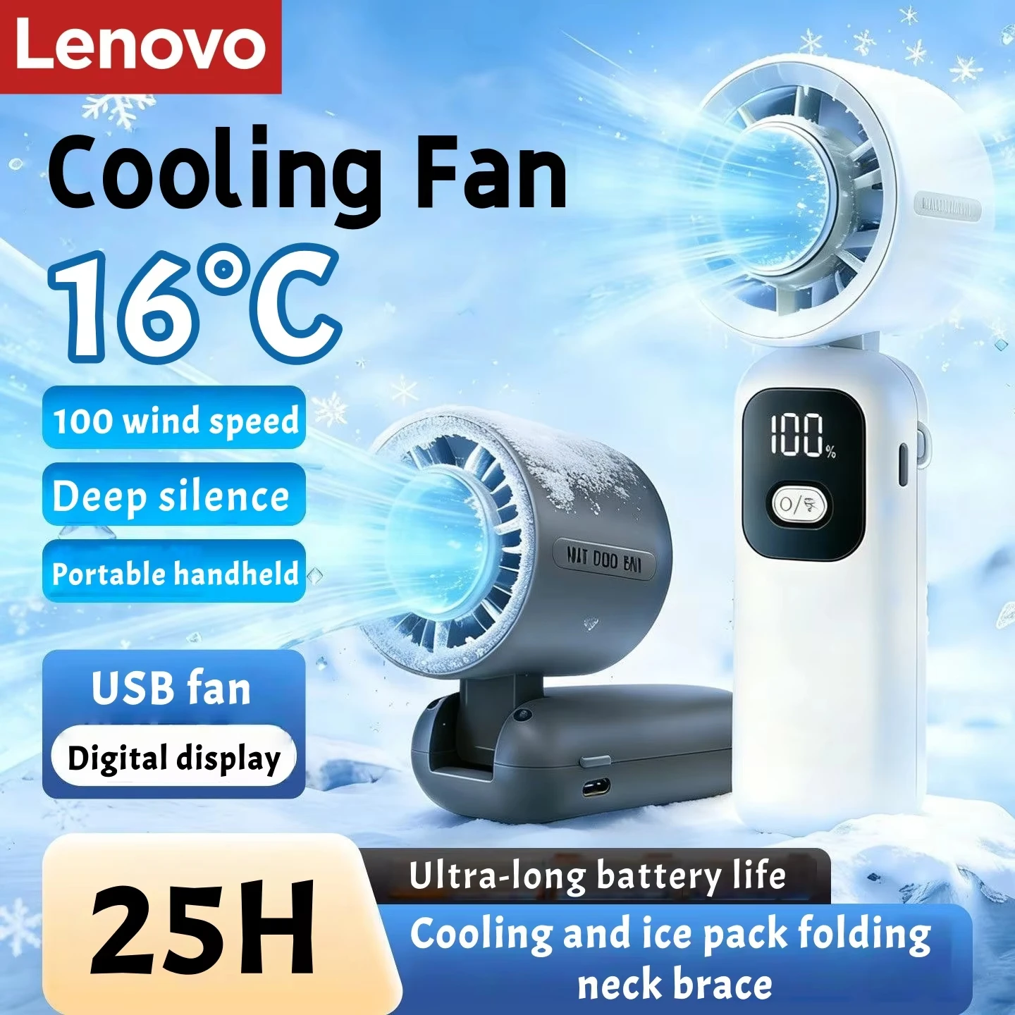 Lenovo tragbarer Ventilator, tragbarer Kühlventilator, 100 Stufen, faltbar, wiederaufladbar, starker Wind, Luftkühler, Digitalanzeige, lange Akkulaufzeit