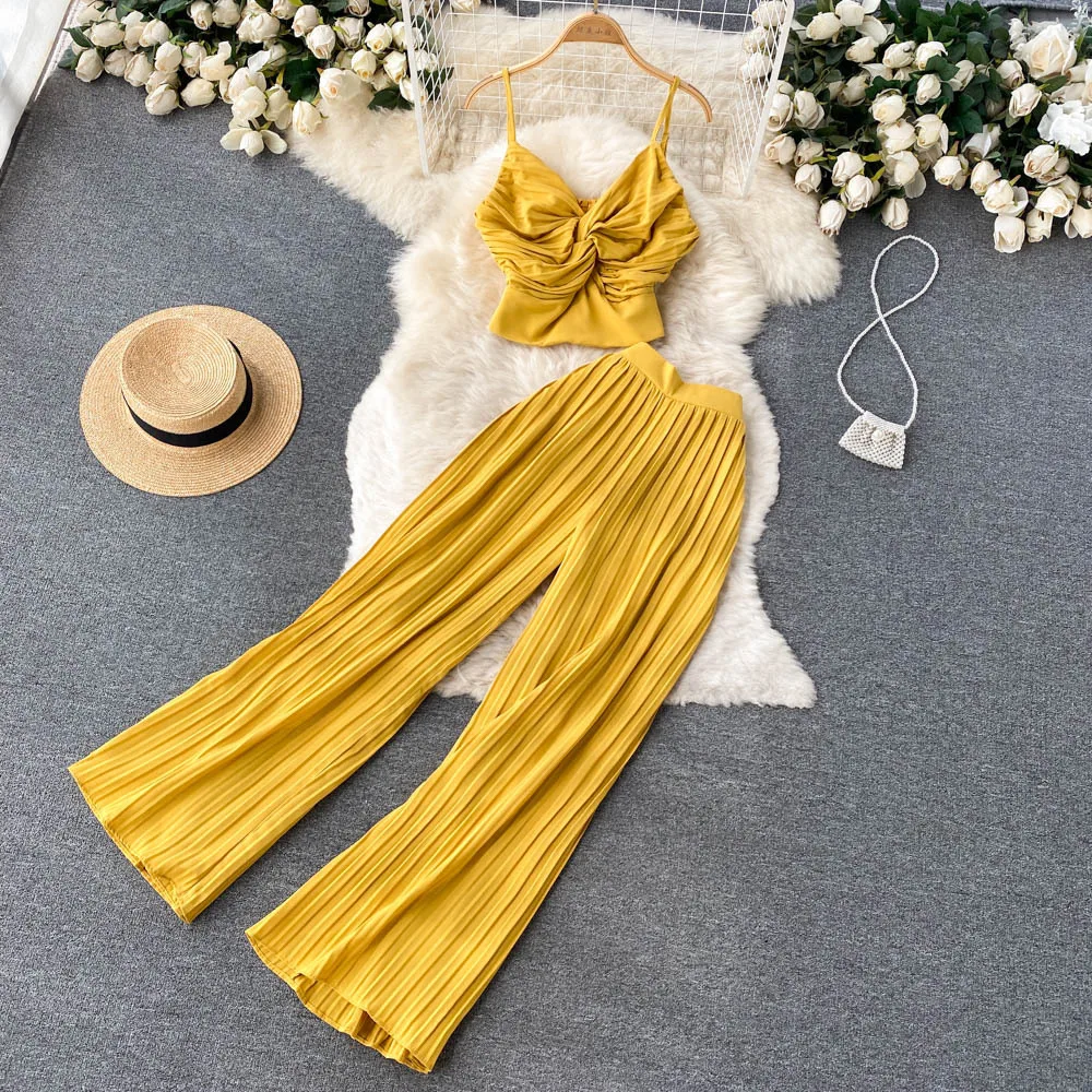 Summer Loungewear Women Pleated 2 Piece Set Sexy Criss Cross Twist Strap Tops High Waist Draped Pants Pjs Suits Beach Vacation