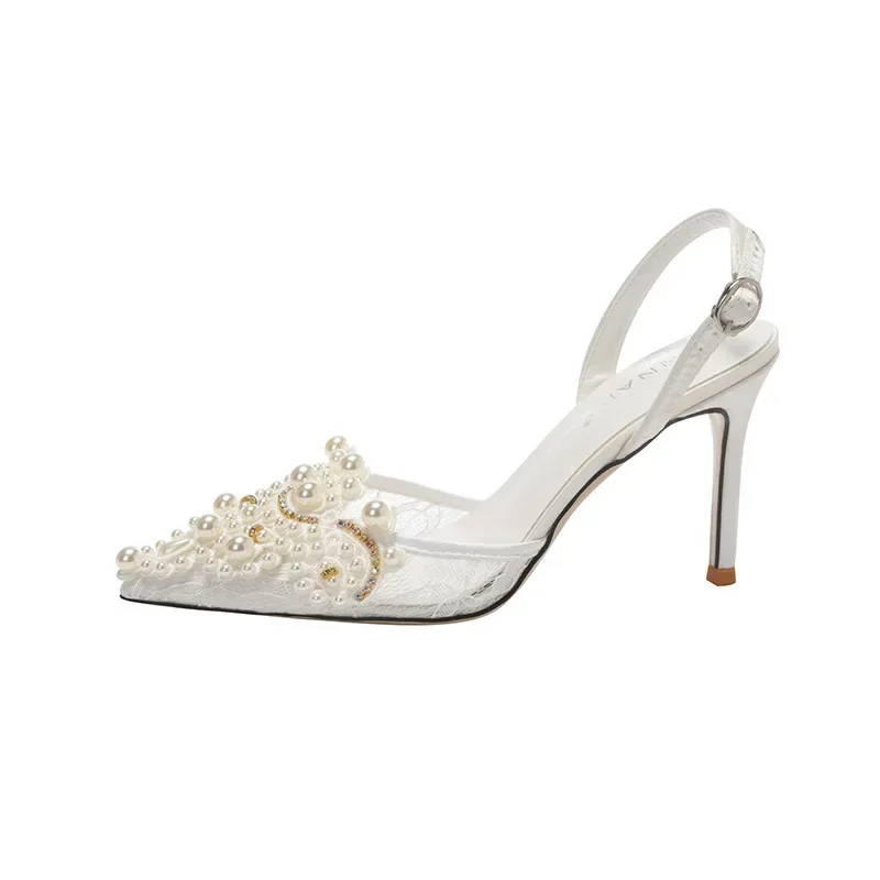 Size 33-43 Lace White High Heels Stiletto Heel Pearls Wedding Shoes Women Banquet Bride Bridesmaid Sandals Back Empty Sandals