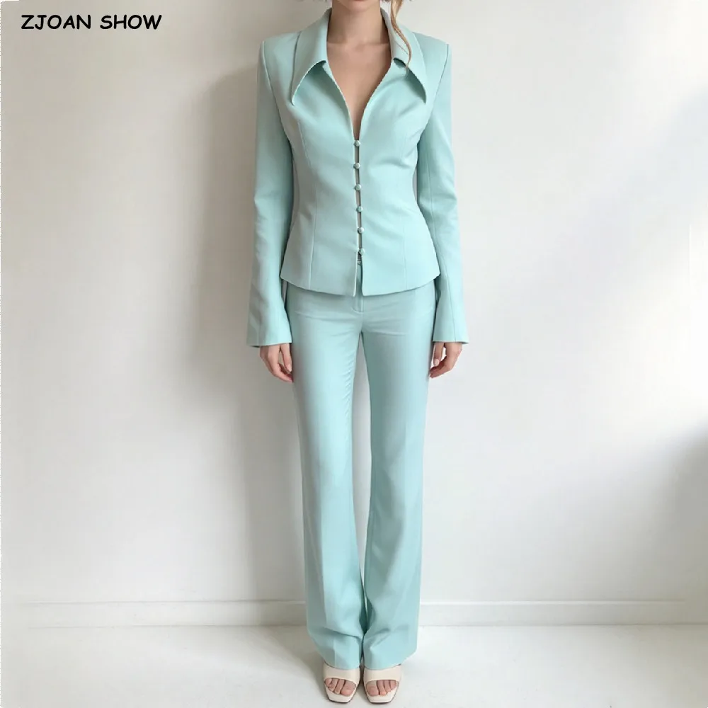 Office Lady Style Autumn Lapel V Collar Hollow Out Button Through Slim Fit Blazer + Low Waist Full Length Pants Suits 2pcs 1 Set
