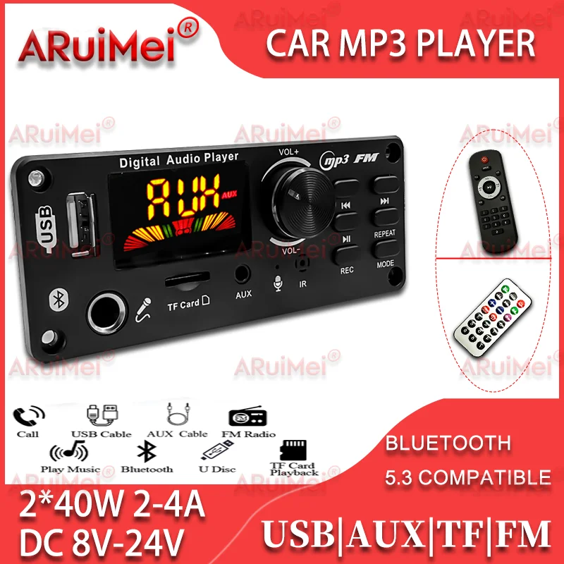 

80W Bluetooth 5.1 Decoder Board 2 * 40W 8-24V TF USB Mic Record Handsfree Call FM Radio Car Amplifier Free shipping