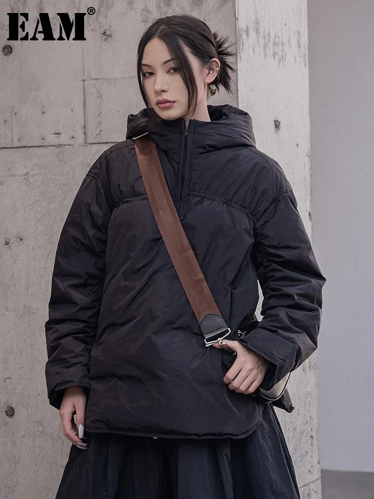 

[EAM] Loose Fit Black Big Size Warm Down Jacket New Hooded Long Sleeve Warm Women Parkas Fashion Tide Autumn Winter 2024 1DF2648