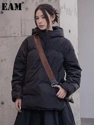 [EAM] Loose Fit Black Big Size Warm Down Jacket New Hooded Long Sleeve Warm Women Parkas Fashion Tide Autumn Winter 2024 1DF2648