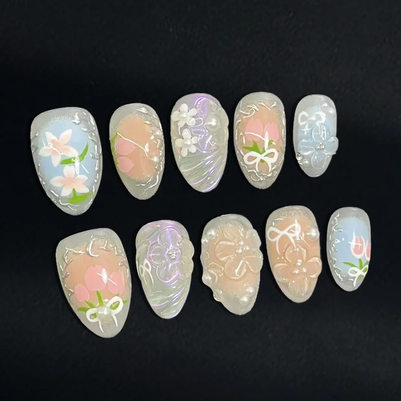 10pcs Pink Almond Handmade False Nails Sweet Rhinestone Lightstar Stick on Nail Tip Finished Press on Nails Art Purple Fake Nail