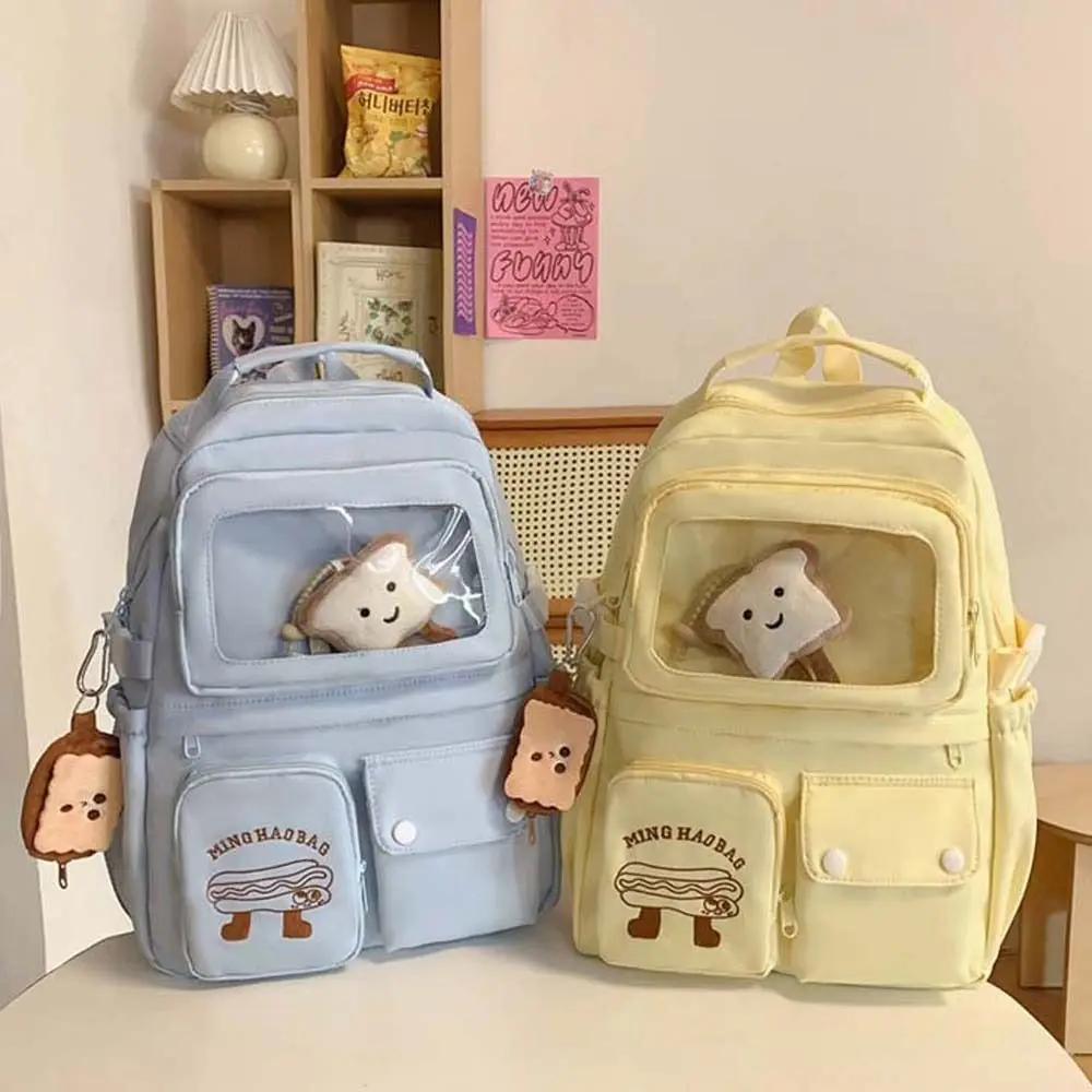 

Leisure Bags Student Cartoon Backpack Korean Style Large Capacity Korean Girl Schoolbag Multi-Pocket with Bread Pendant