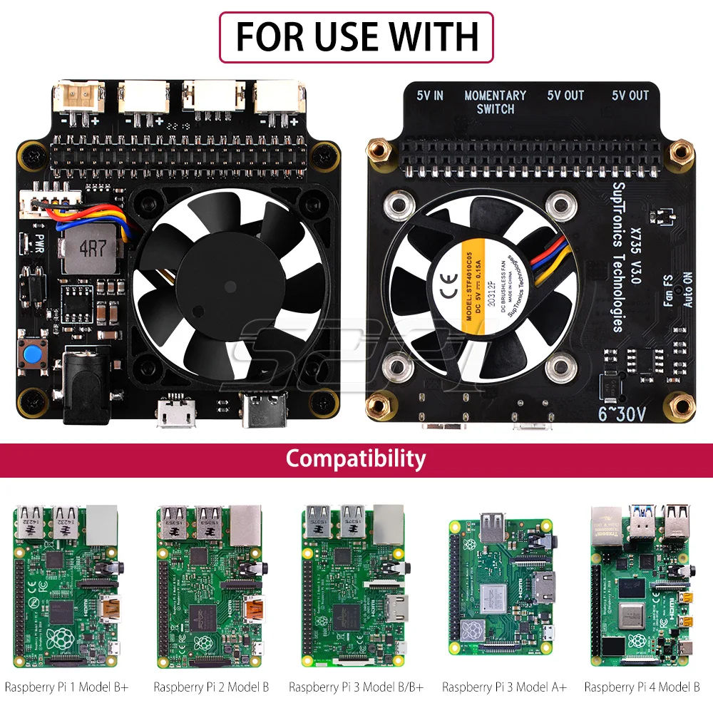 52Pi Raspberry Pi X735 V3.0 Power Management Board with PWM Fan Safe Shutdown DC 6-30V In for Raspberry Pi 4B/3B+/3B/2B