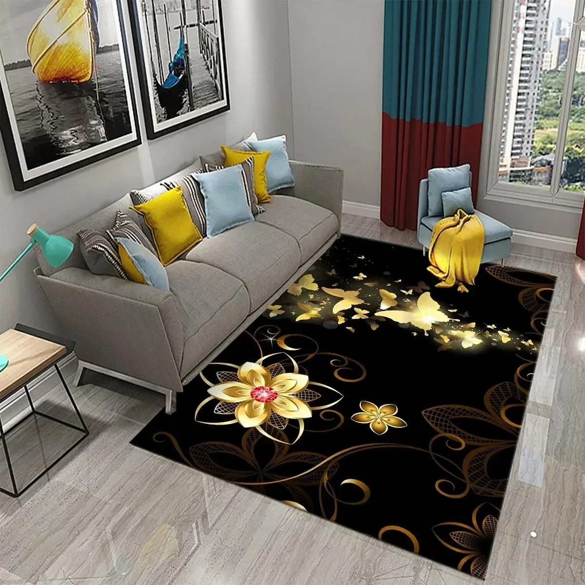 

3D Black Golden Luxury Carpet For Living Room Bedroom Bedside Rugs European Style Hallway Decor Carpets Bathroom Non-Slip