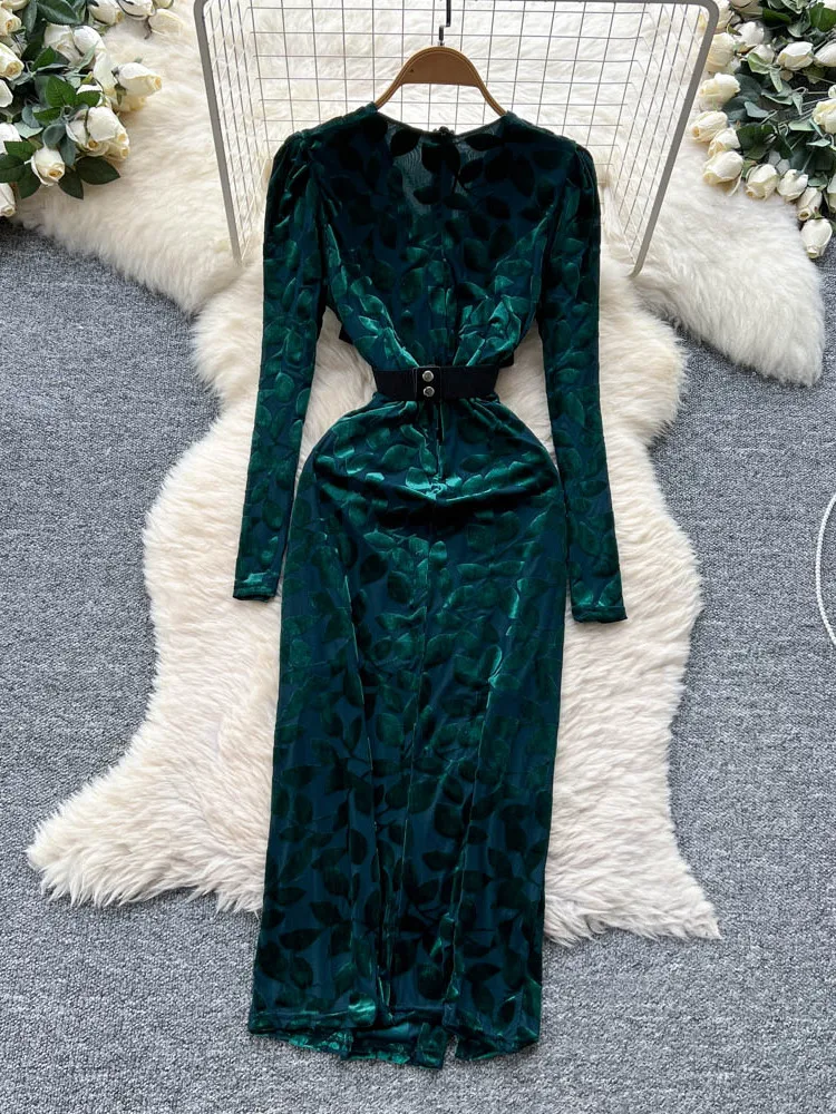 فستان أنيق من المخمل بأكمام طويلة وياقة على شكل V مع طباعة، فستان نسائي خريفي نحيف بخصر مرتفع وشق، فستان بأسلوب كوري للعمل