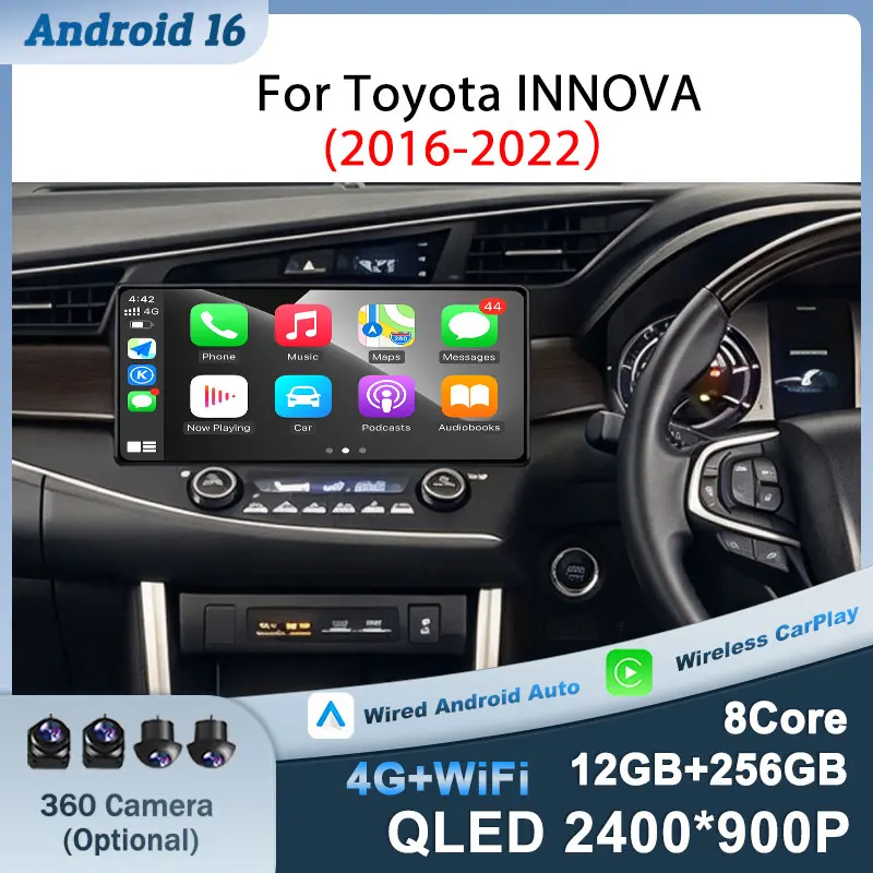 Android 16 (OS) Split Screen Wireless CarPlay For Toyota INNOVA 2016-2022 Car Radio GPS Navi Auto Tools Head Unit IPS Bluetooth