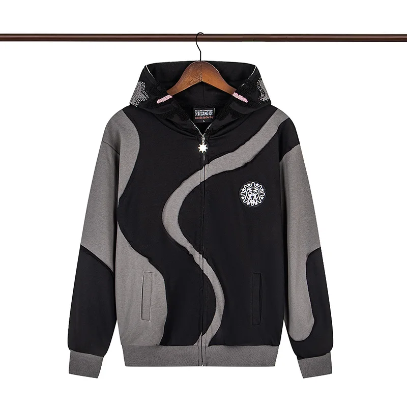 26FW Heavy Fabric Cotton Color Blocking Patchwork Glo Gang Full Zip Hoodie Hooded Men Women Loose Patch Embroidery Zipper Coat