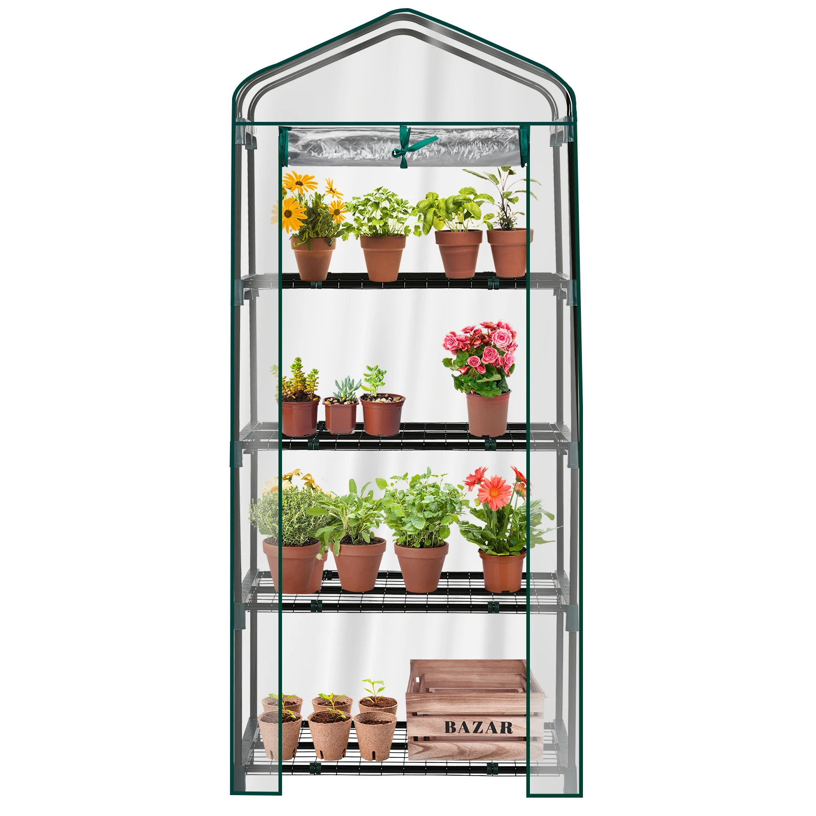4 Tier Mini Greenhouse with PVC Cover & Roll-Up Zipper Door, Portable Waterproof Greenhouse for Garden Backyard, 27' X 19' X 62', Transparent