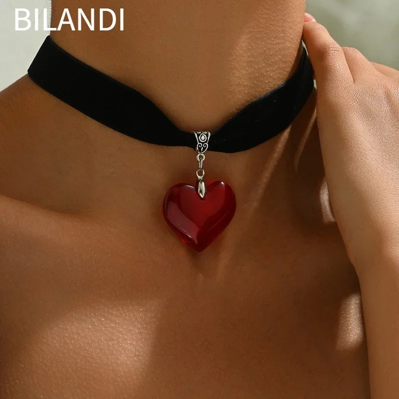 Bilandi Modern Jewelry Black Cord Choker Red Glass Heart Pendant Necklace For Women Fashion Accessories Hot Sale Dropshipping