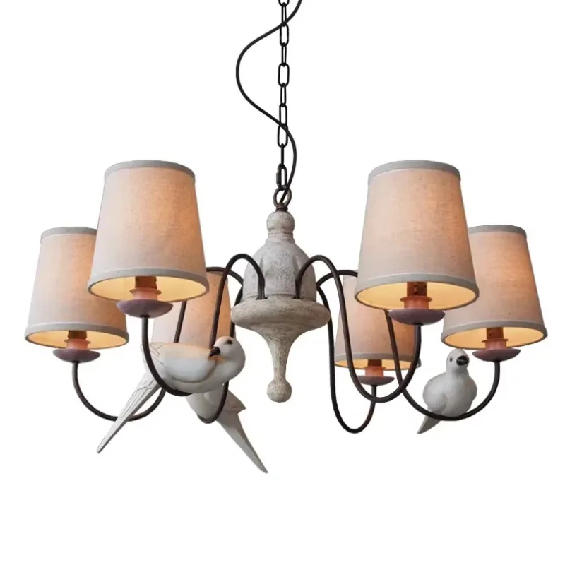 Designer lights, creative American country retro living room dining room lamps cafe three birds six chandeliers view 3
