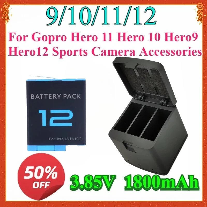 

For Gopro Hero 12 Enduro Batteries Charger For Gopro Hero 11 Hero 10 Hero9 Hero12 Sports Camera Accessories New 1800mah Battery
