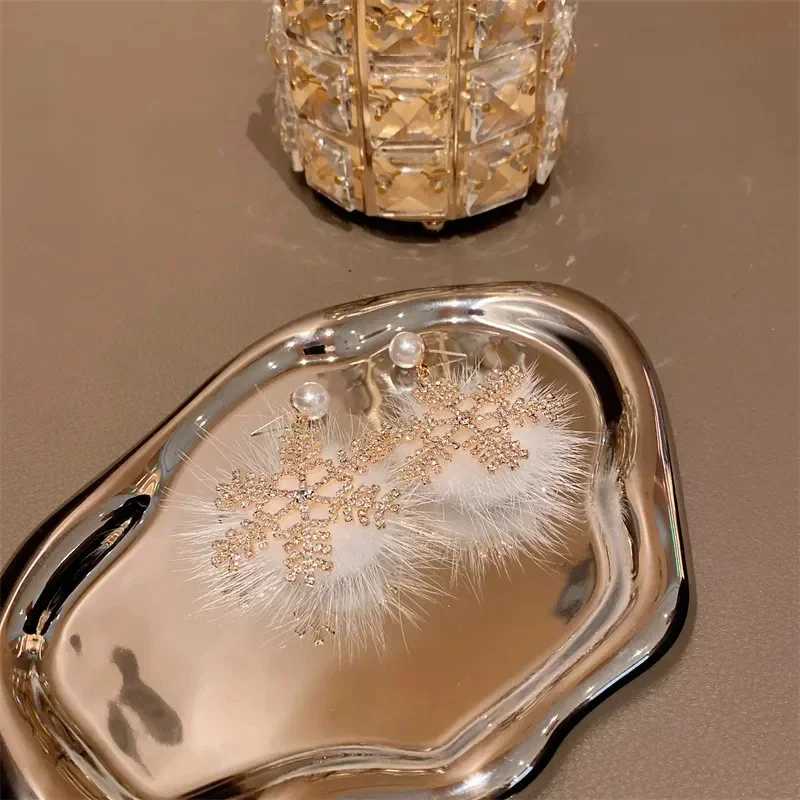 Pendientes con lazo de copo de nieve de Navidad, bonito muñeco de nieve de alce, bola de pelo, pendiente largo, pendientes de copo de nieve con perlas de circón, viento de princesa