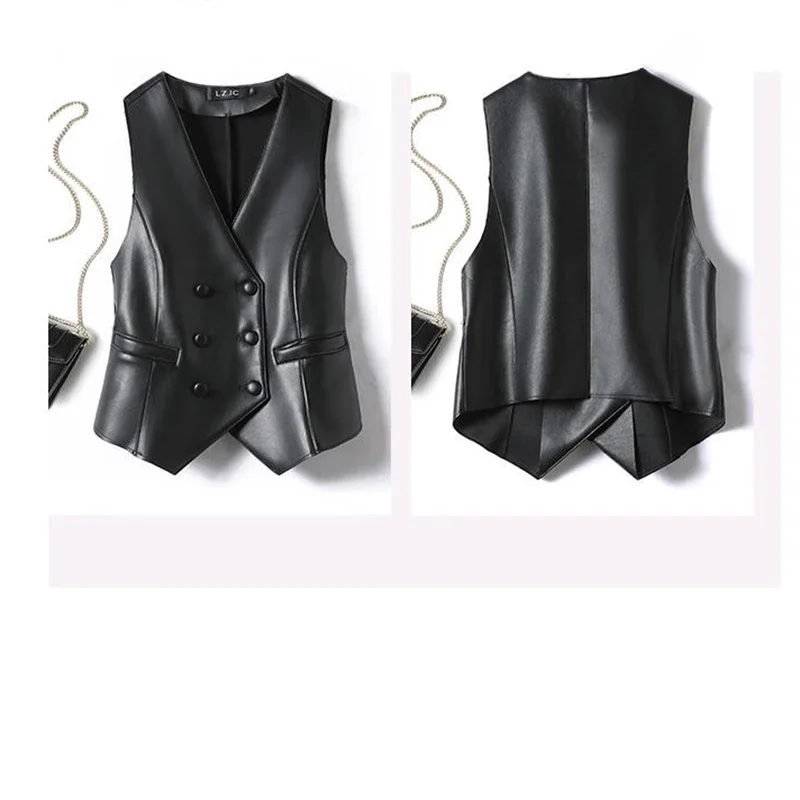 V-neck leather jacket, horse clip,  double breasted PU leather vest, short fit,  slimming, 2024 Spring and Autumn new item