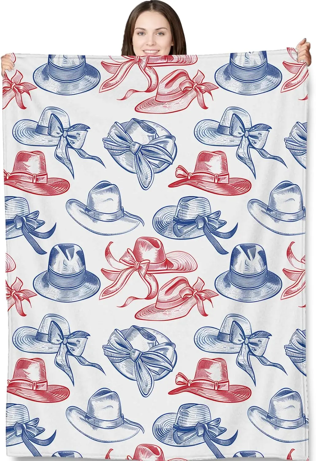 Vintage Hat Throw Blanket for Adults Kids, 50x60 in, Red and Blue Bow Ribbon Hat Theme Flannel Blankets for Bedroom,