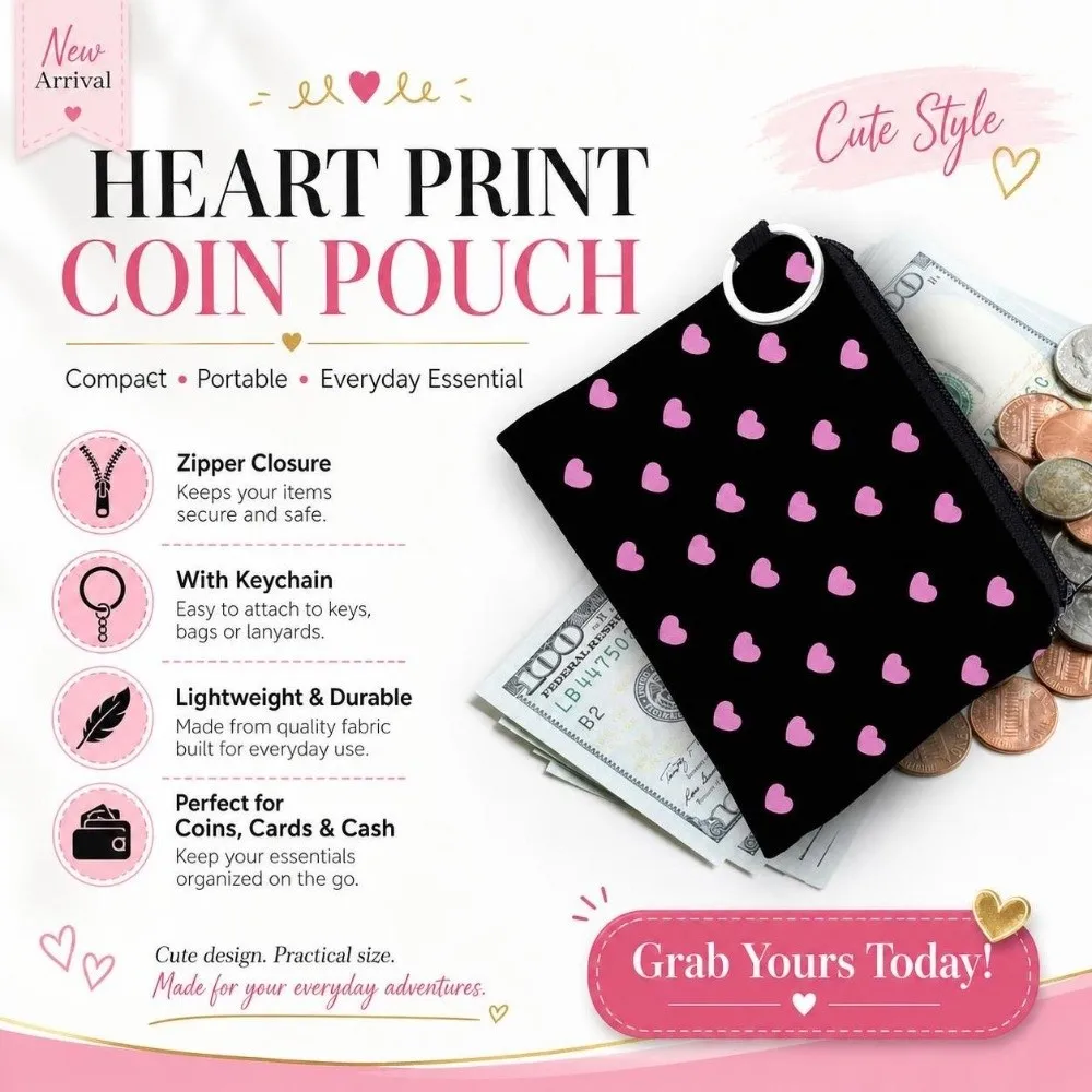Love Heart Black Coin Purse with Key Ring Easy Access Zipper Makeup Bag Zip Pouch Printed Coin Key Card Holder Women Cosmetic