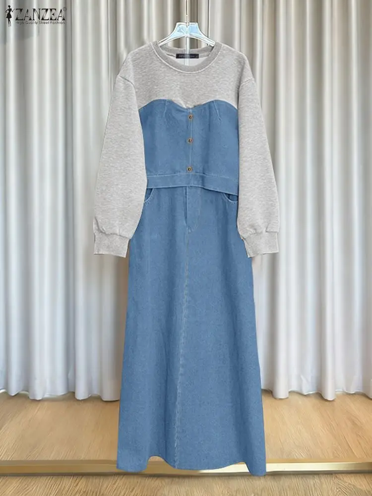 

ZANZEA, осенние комплекты с юбкой-толстовками, женские модные топы с длинными рукавами, макси-юбки, одинаковые комплекты, повседневные лоскутные винтажные комплекты платьев