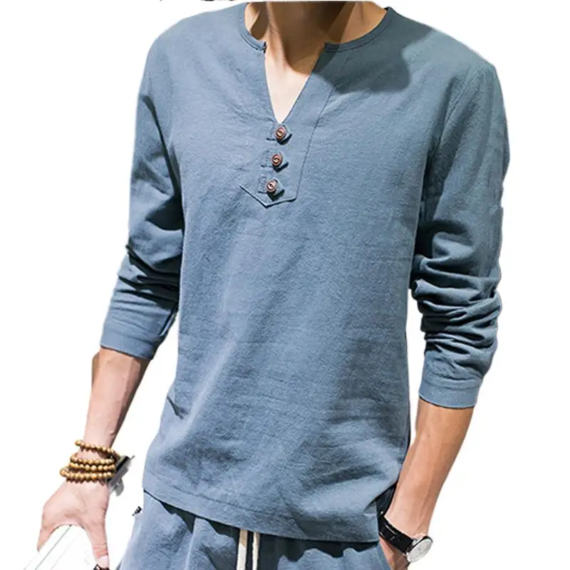 Plus Size M-7XL Pure Color Tops 2025 New Cotton Linen Men's V-neck t-Shirt Flax Slim Casual Three Buttoning Long Sleeve Fashion