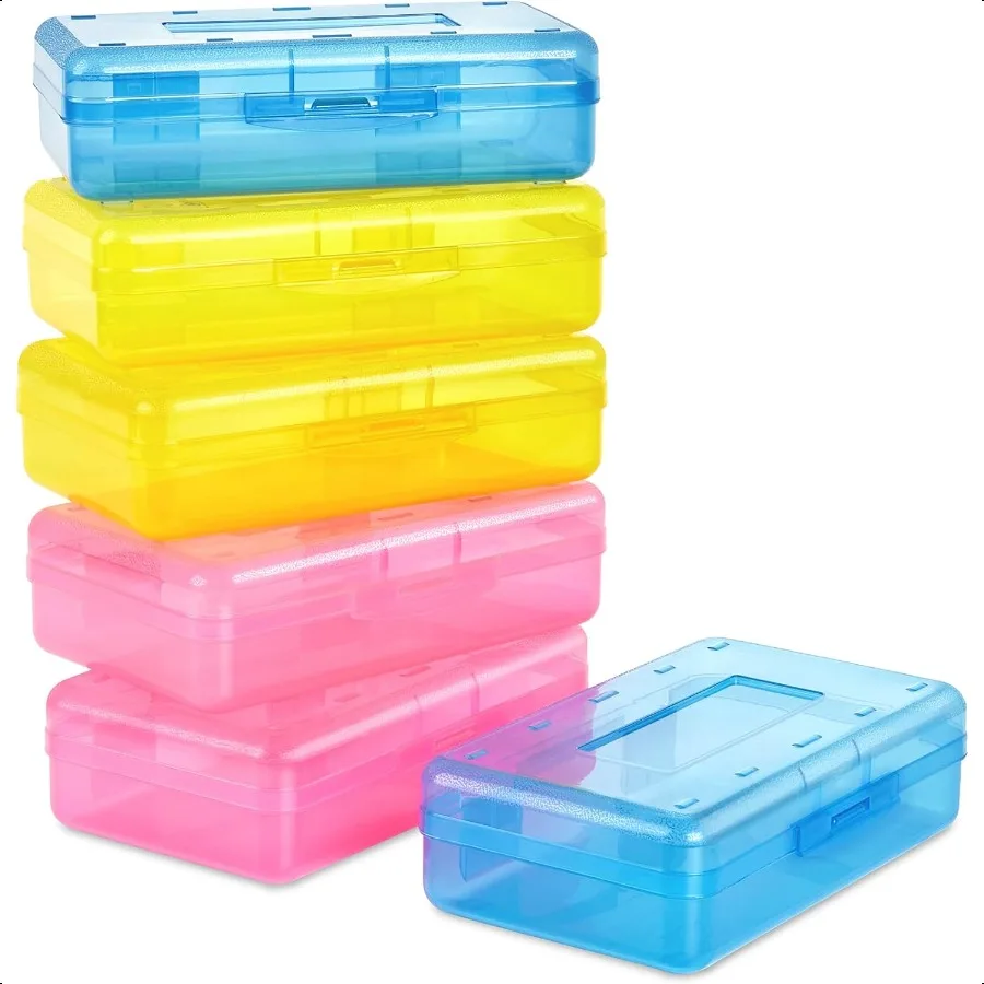 Plastic Pencil Case Box 6 Pack Colored Large Craft Storage Bulk Plastic Containers with Snaptight Lids Hobby Art School ply 0rg