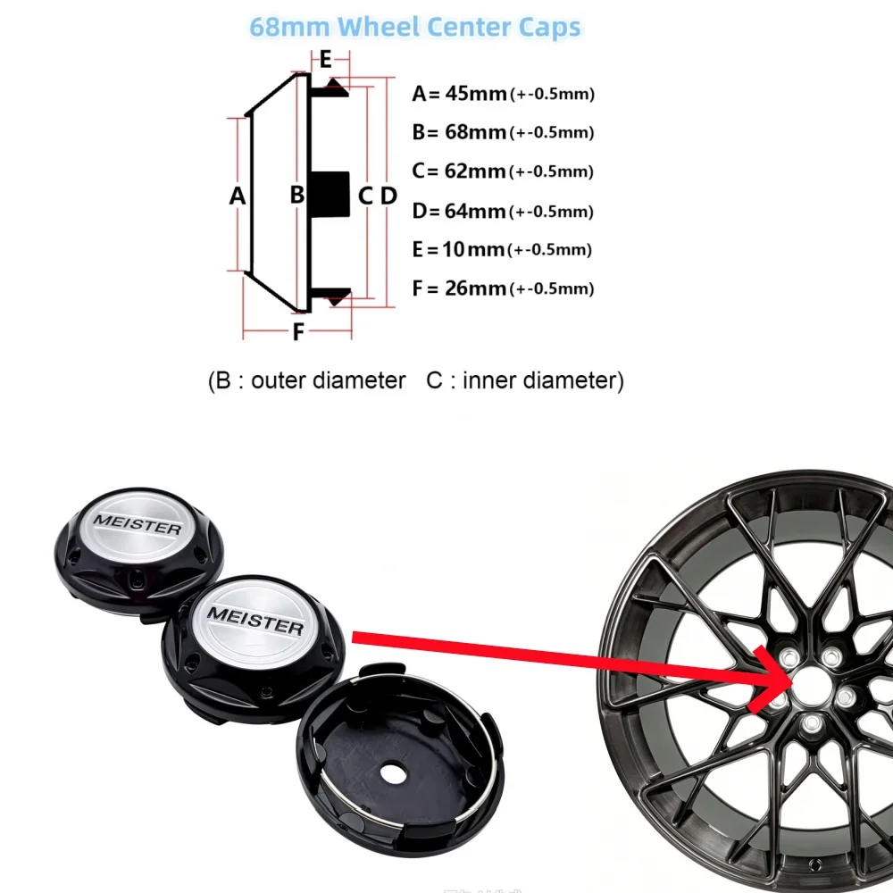 4pcs O.D 68MM / I.D 62MM MEISTER Logo Emblem Badge Car Wheel Center Caps Hubcaps Rim Hub Dust Cover Replace Car Accessories