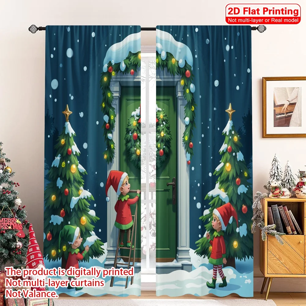 

2pcs 2D flat printing Christmas Window Curtains Christmas Front Door Wreath Decorating 100% Polyester Fabric Without Electricity