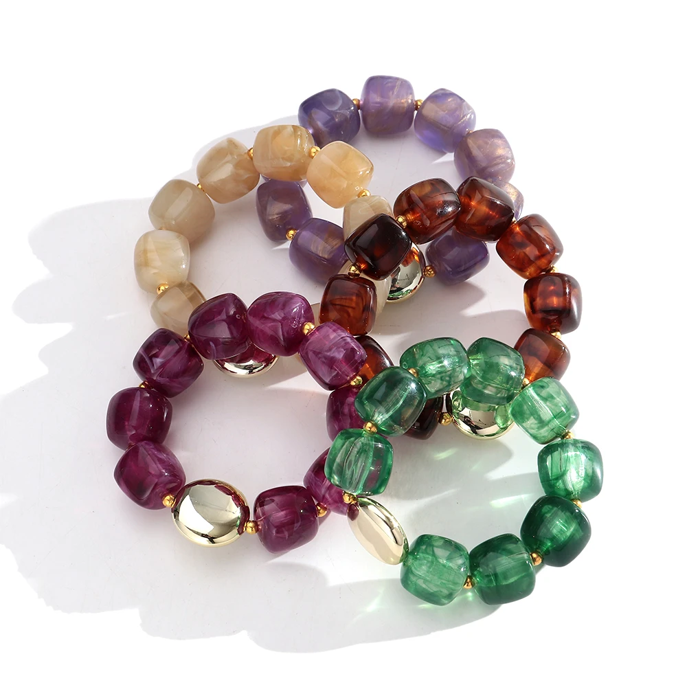 Trendy Colorful Acrylic Square Beads Elastic Bracelets CCB Geometric Beaded Stackable Bangle Bracelet New Jewelry Gift