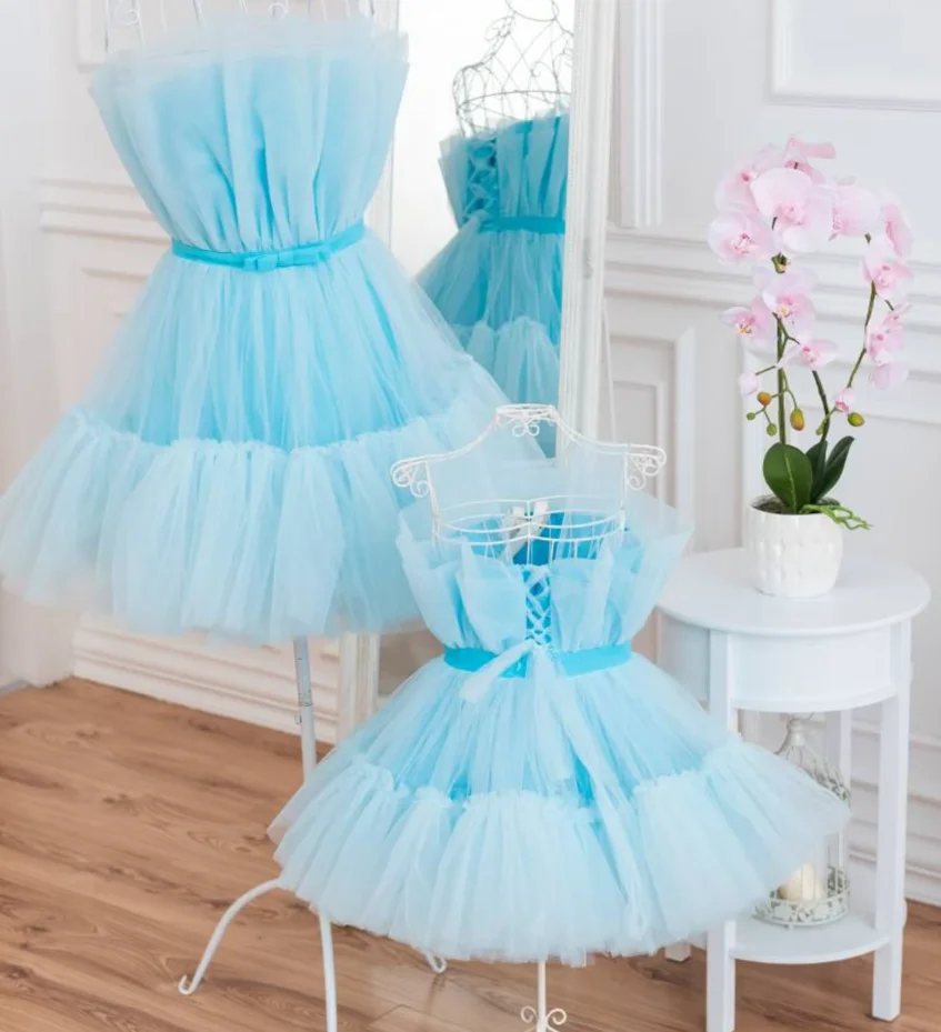 Newest Sky Blue Mother And Daughter Mini Tulle Dress To Photo Shoot Pretty Fluffy Mesh Mom And Kids Party Gowns