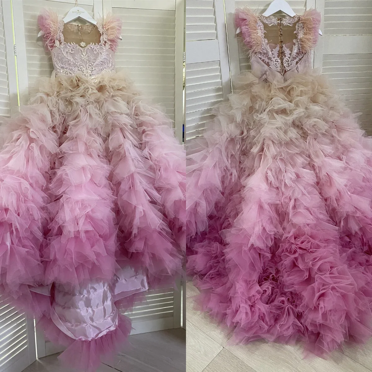 Ombre Pink Flower Girl Dresses Feather Lace Children Birthday Party Gowns Tulle Kids First Pageant Dress