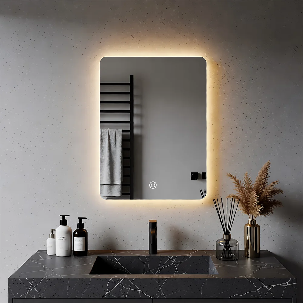 45x60cm Badezimmerspiegel mit hintergrundbeleuchteten LED-Lichtern, wandmontierter Spiegel, 3 Farben, stufenlos dimmbar, IP54 wasserdicht, Touch-Schalter, Smart
